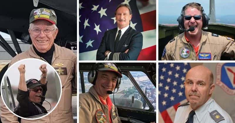 (L to R) Dan Ragan, Terry Barker, Kevin Michels, Len Root, Curtis Rowe and Craig Hustain (inset) were identified as victims of Dallas air show (B-17 Texas Raiders, Civil Air Patrol Facebook, City of Keller/Twitter)
