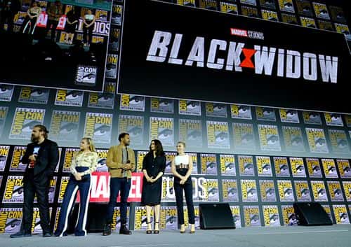 (L-R) David Harbour, Florence Pugh, O-T Fagbenle, Rachel Weisz and Scarlett Johansson of Marvel Studios' 'Black Widow' at the San Diego Comic-Con International 2019 Marvel Studios Panel in Hall H on July 20, 2019 in San Diego, California.