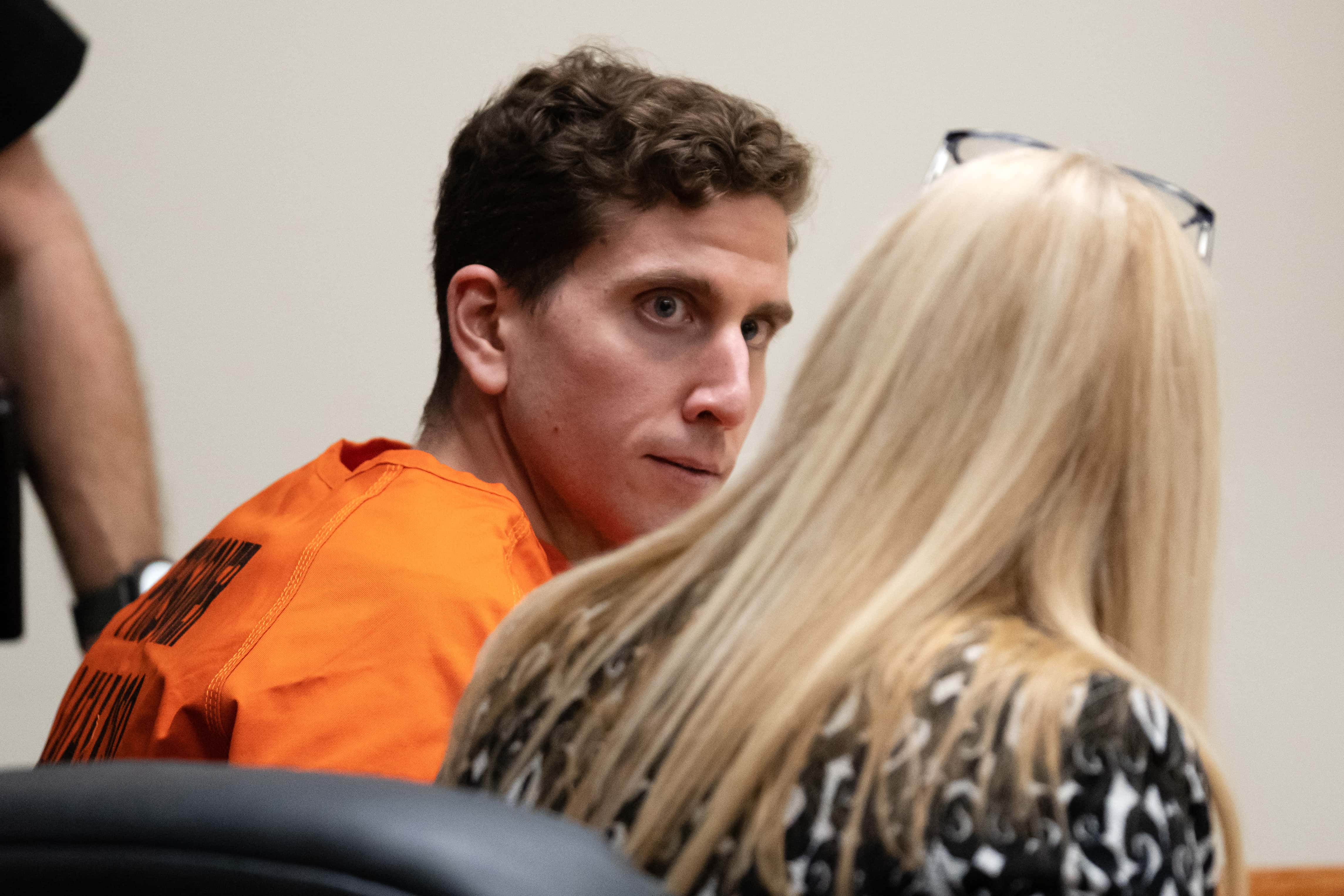 MOSCOW, IDAHO - JANUARY 05: Bryan Kohberger looks toward his attorney, public defender Anne Taylor, 
