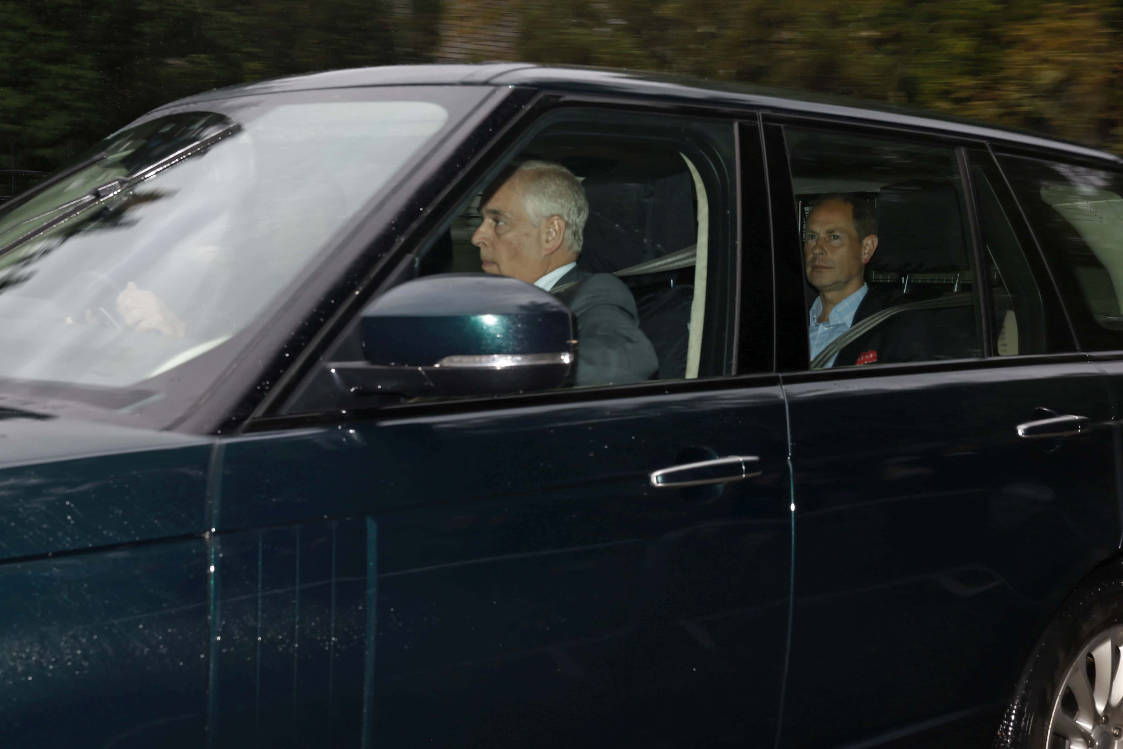 (L-R) Prince William, Duke of Cambridge (driving), Prince Andrew, Duke of York, Sophie, Countess of Wessex (unseen) and Edward, Earl of Wessex arrive to see Queen Elizabeth at Balmoral Castle on September 8, 2022 in Aberdeen, Scotland. Buckingham Palace issued a statement earlier today saying that Queen Elizabeth was placed under medical supervision due to concerns about her health.