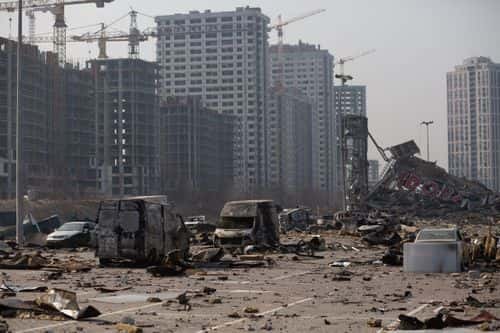 The site of a rocket explosion where a shopping mall used to be on March 23, 2022 in Kyiv, Ukraine. The rocket hit the shopping mall on March 20, 2022. As Russia's advance on Kyiv has largely stalled, the Ukrainian capital has continued to be hit by missiles and shellfire. More than three million people have fled Ukraine since Russia launched its large-scale invasion of the country on Feb. 24.