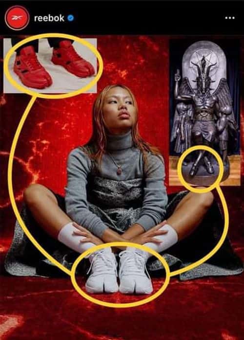 Prophecy News on Facebook compared the bifurcated toes of the new Reebok shoes with Baphomet feet