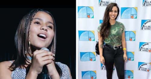 Olivia Olson as Joanna Anderson (L) in 'Love Actually' (IMDB), and Olivia Olson attends the 9th Annual New Media Film Festival at James Bridges Theater on June 16, 2018 in Los Angeles, California.  (Photo by Greg Doherty/Getty Images)