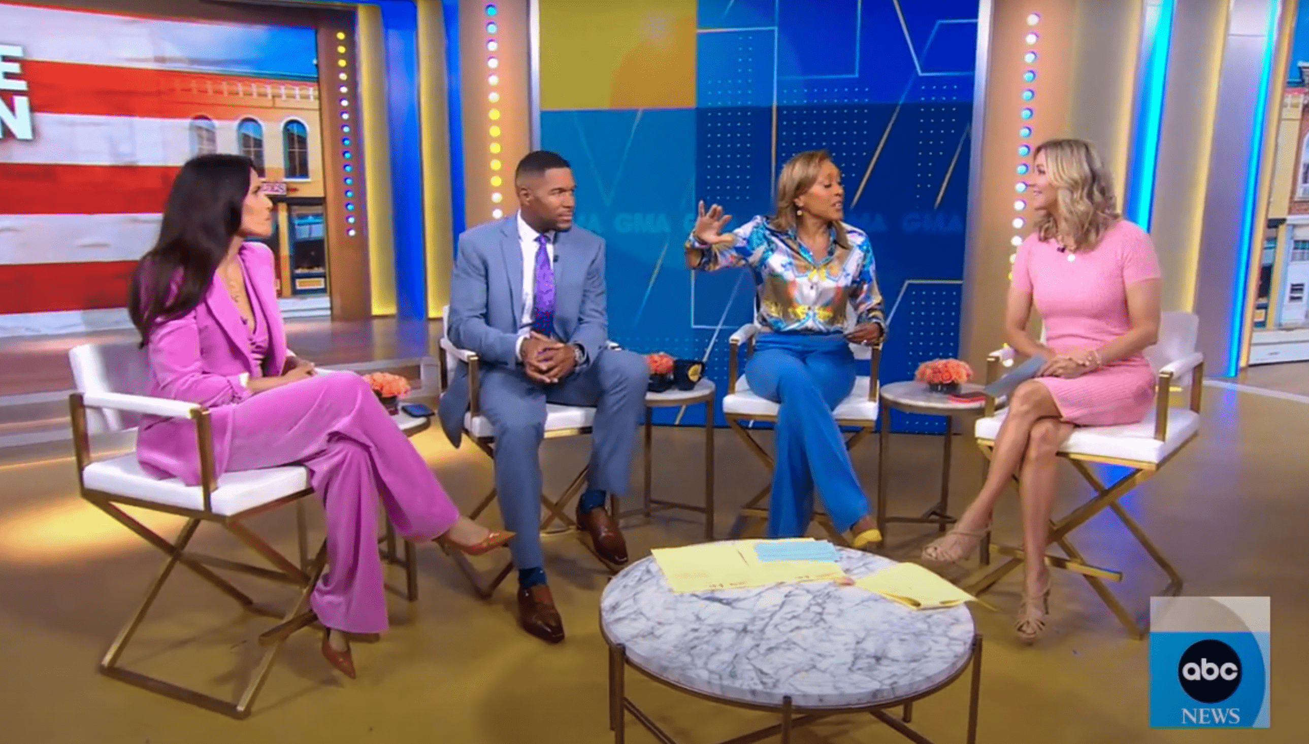 'GMA' Robin Roberts refused to look at Padma Lakshmi for her decision to quit 'Top Chef' as co-host Michael Strahan and Lara Spencer looked in shock (@GMA/YouTube) 