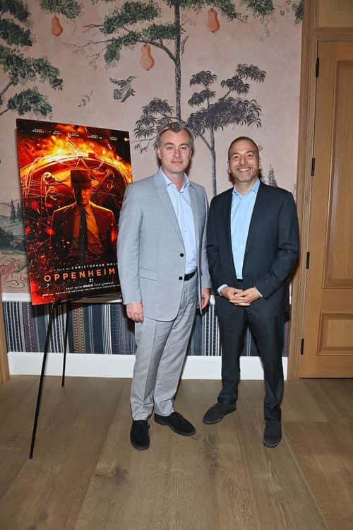 (L-R) Christopher Nolan and Chuck Todd attend as Universal Pictures presents an OPPENHEIMER Trinity Anniversary Special Screening at the Whitby Hotel on July 15, 2023 in New York City.