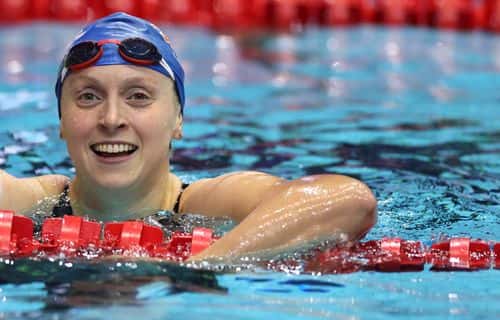 Katie Ledecky of the United States looks on after competing in the Women's 200m Freestyle final on Day 2 of the Fina Swimming World Cup 2022 Leg 3 at Indiana University Natatorium on November 04, 2022 in Indianapolis, Indiana.