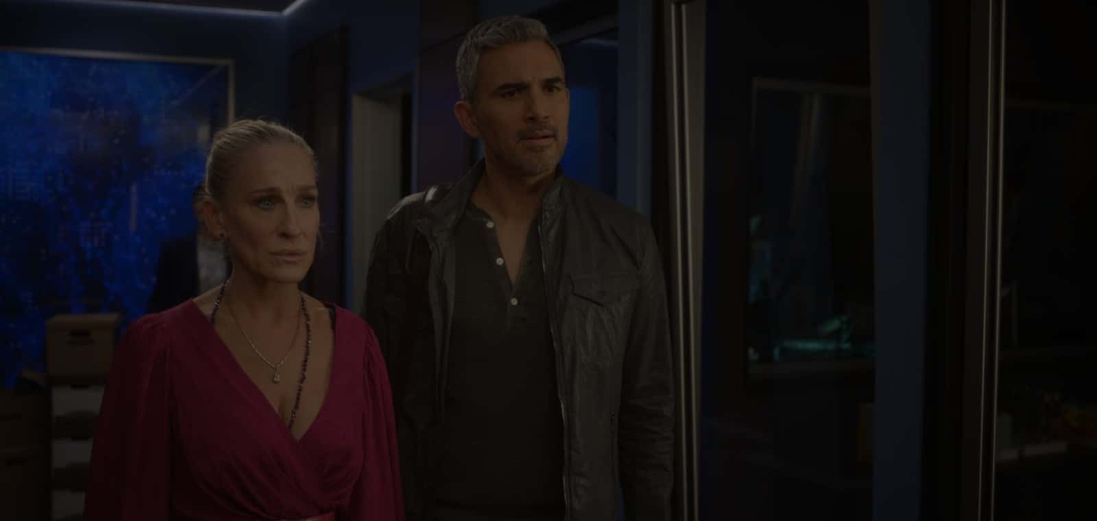A still from 'And Just Like That' Season 2 Episode 2 starring Sarah Jessica Parker as Carrie Bradshaw and Ivan Hernandez as Franklyn (HBO)