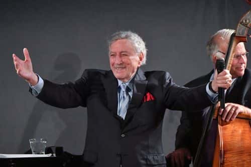 Singer Tony Bennett performs as he  celebrates the release of a new album with Jazz pianist/singer Diana Krall at The Rainbow Room on September 12, 2018 in New York City.