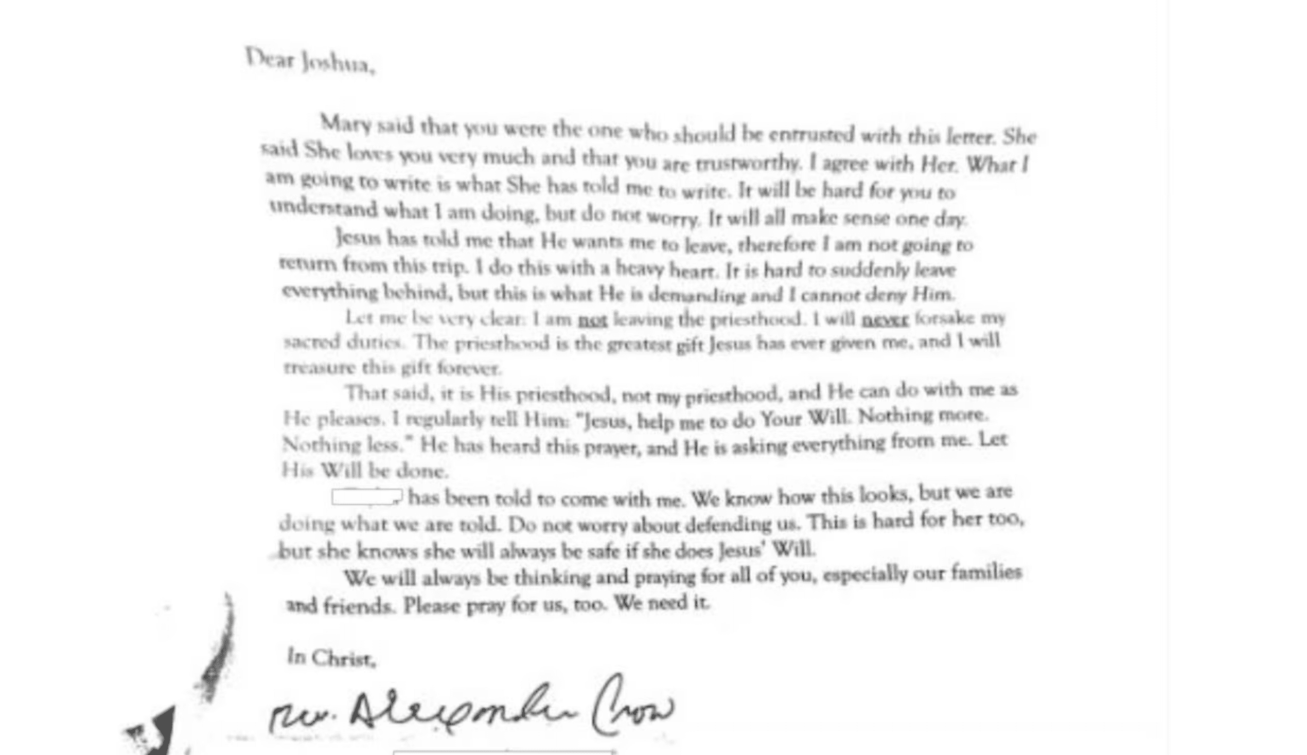 The Mobile County Sheriff's Office on Monday released this letter written by defrocked Mobile priest Alex Crow.

