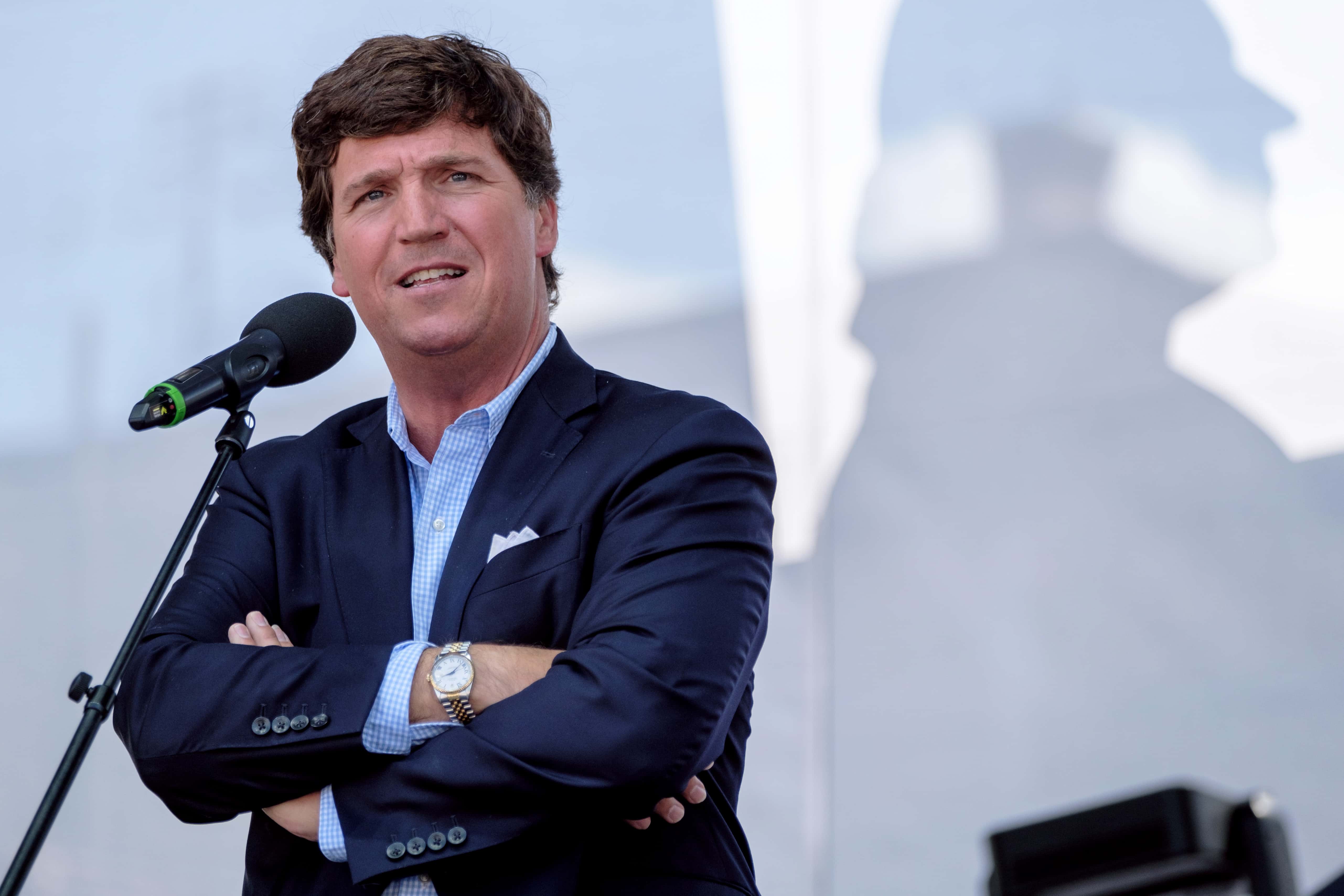 Tucker Carlson speaks during the Mathias Corvinus Collegium (MCC) Feszt on August 7, 2021 in Esztergom, Hungary. (Photo by Janos Kummer/Getty Images)