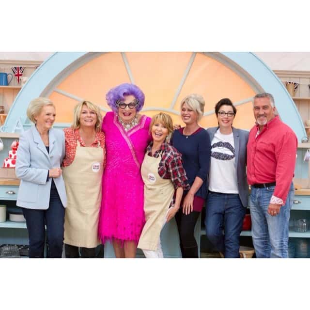 Dame Edna, AKA, Barry Humphries appeared on The British Bake Off episode on 2015 (dameednaeverage/Instagram)
