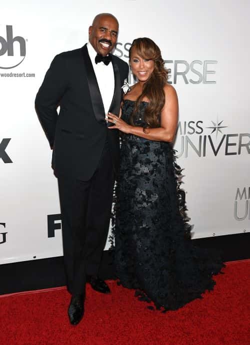Television personality and host Steve Harvey (L) and his wife Marjorie Harvey attend the 2015 Miss Universe Pageant at Planet Hollywood Resort & Casino on December 20, 2015 in Las Vegas, Nevada.