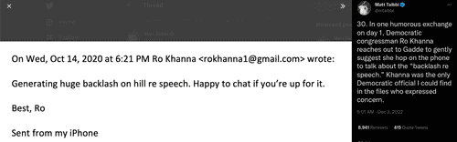 Congressman Ro Khanna's mail to Vijaya Gadde (@mtaibbi/Twitter)
