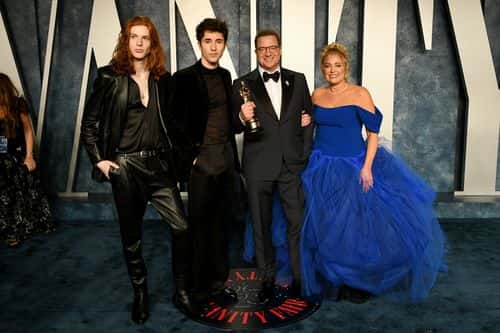 (L-R) Holden Fletcher Fraser, Leland Francis Fraser, Brendan Fraser and Jeanne Moore attend the 2023 Vanity Fair Oscar Party Hosted By Radhika Jones at Wallis Annenberg Center for the Performing Arts on March 12, 2023 in Beverly Hills, California.