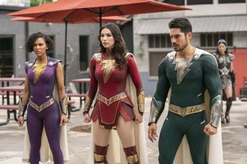 Grace Caroline Currey, Meagan Good, and DJ Cotrona in a still from 'Shazam! Fury of the Gods' (Warner Bros)