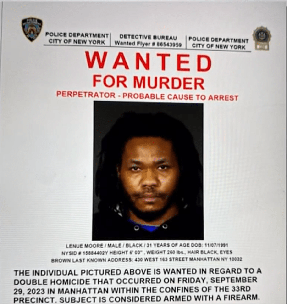 Wanted poster for Lenue Moore circulated by NYPD (New York City Police Department)