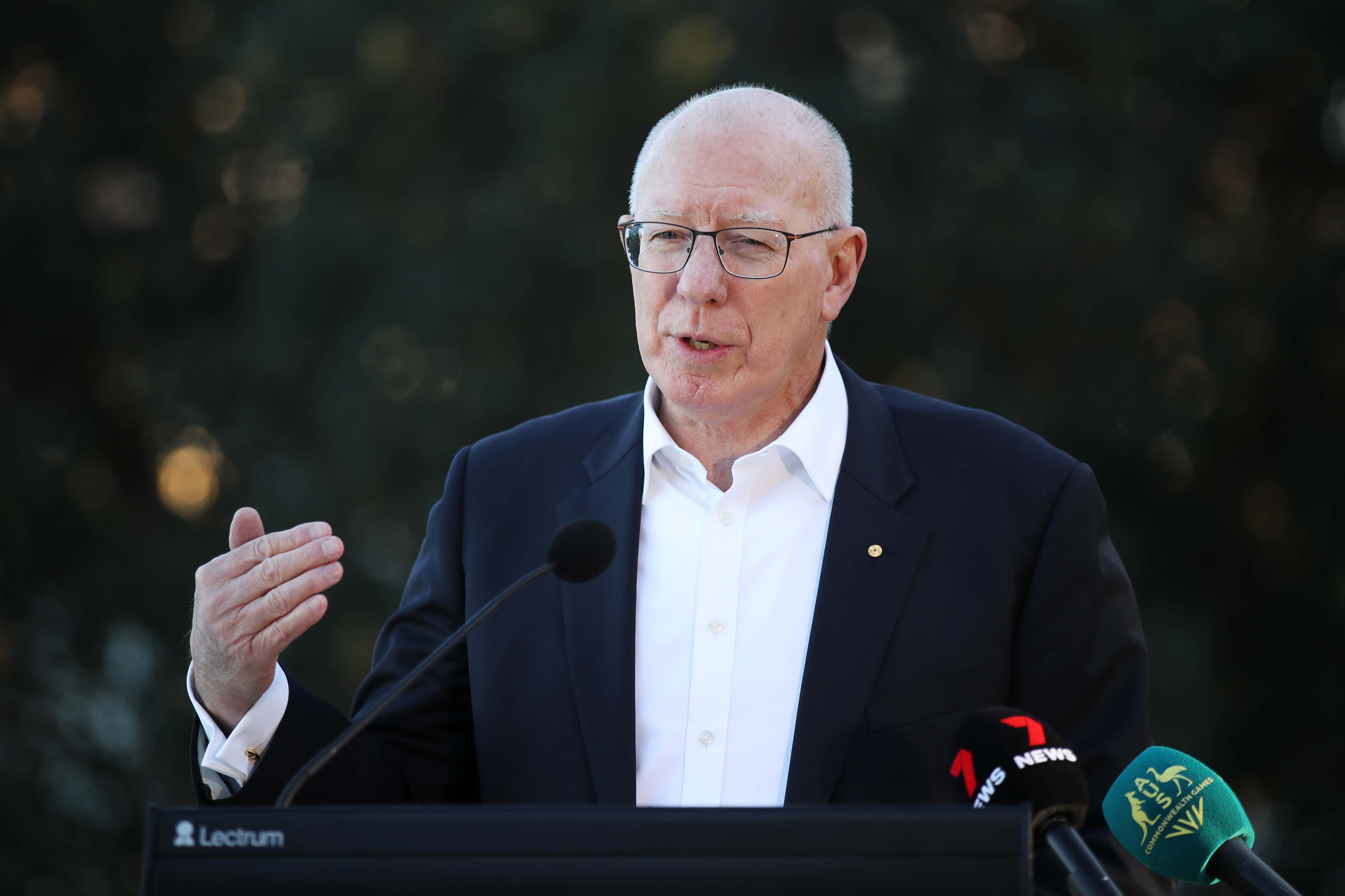 Governor-General of Australia David Hurley speaks during the 50 Days To Go Celebration & Unveiling Of 2022 Commonwealth Games Australia Team Ceremonial Wear at Admirality House on June 08, 2022 in Sydney, Australia.