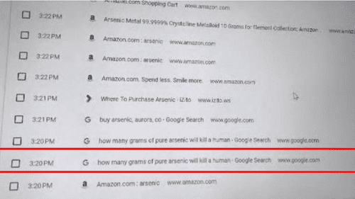 Screenshot of the searches made by James Craig (Aurora Police)