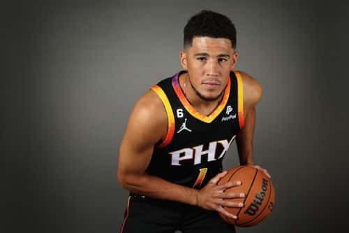 Devin Booker #1 of the Phoenix Suns poses for a portrait during NBA media day at Events On Jackson on September 26, 2022 in Phoenix, Arizona. (Photo by Christian Petersen/Getty Images)