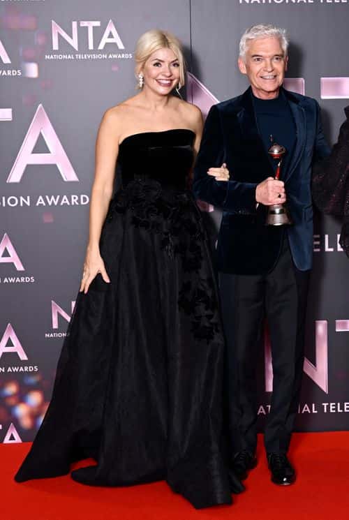 Holly Willoughby and Phillip Schofield with the Best Daytime award for 'This Morning', in the winners' room at the National Television Awards 2022 at OVO Arena Wembley on October 13, 2022 in London, England.