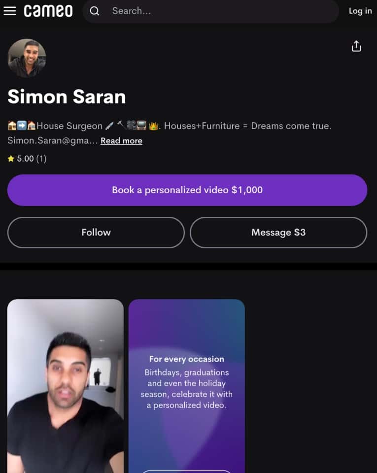 Simon charges $1,000 for a personalized message (Cameo / Simon Saran)
