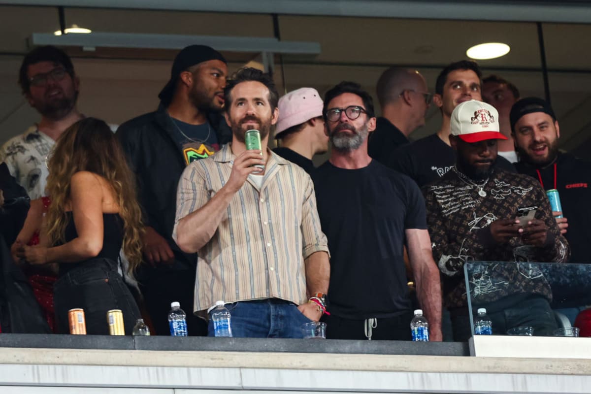 Ryan Reynolds and Hugh Jackman at the NFL football game between the New York Jets and the Kansas City Chiefs on October 1, 2023. (Photo by Kevin Sabitus/Getty Images)