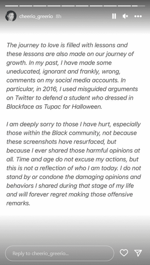 'The Bachelor' Season 27 star Greer Blitzer apologizes on social media about her past comment (Instagram/@cheerio_greerio)