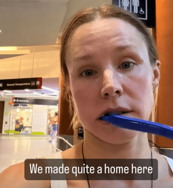 Bell, her husband and their two kids planned to stay the night in the airport after all nearby hotels were full (kristenanniebell/Instagram)