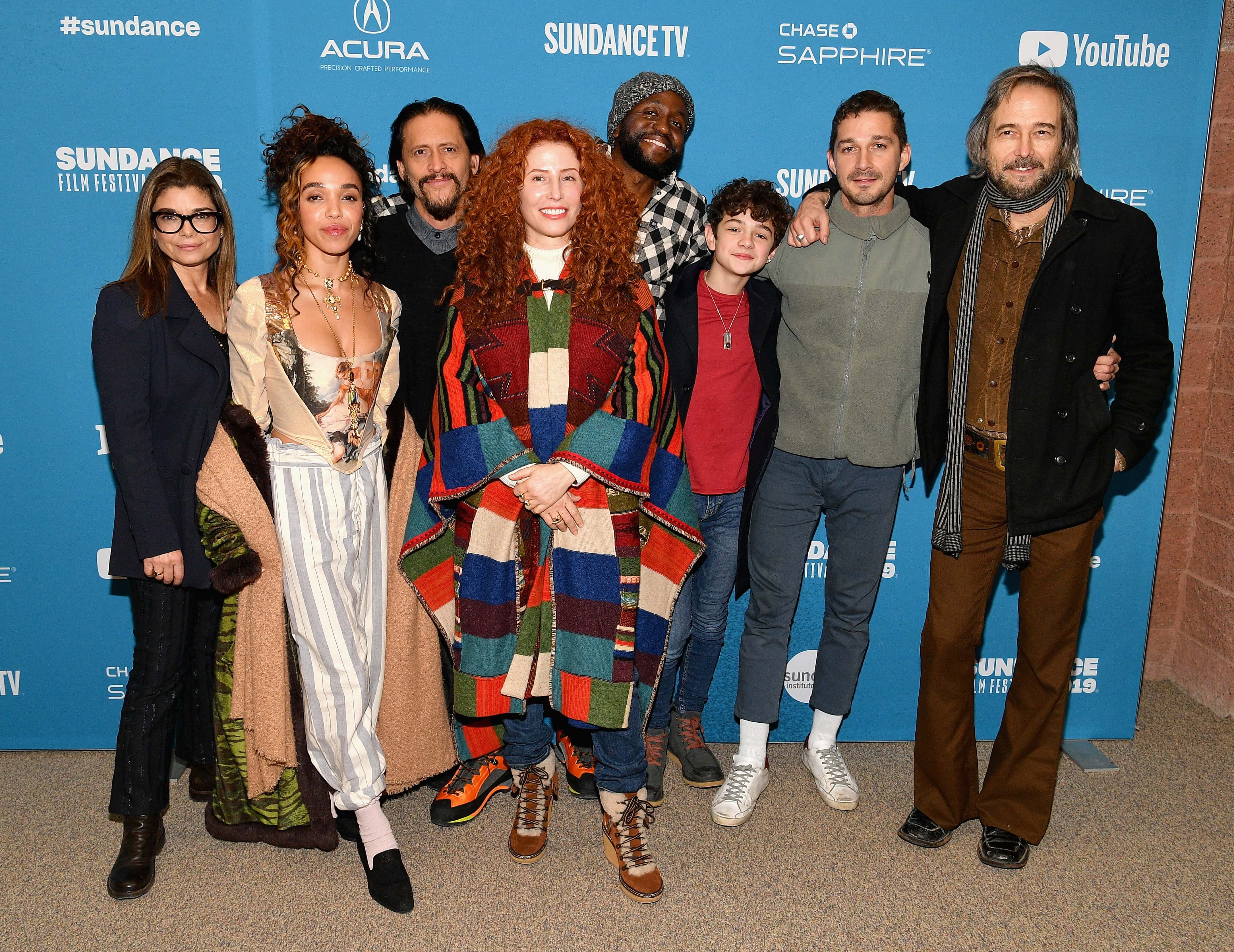 Director Alma Har'el (C) poses with actors (L-R) Laura San Giacomo, FKA Twigs, Clifton Collins Jr., Byron Bowers, Noah Jupe, Shia LaBeouf and Craig Stark at the