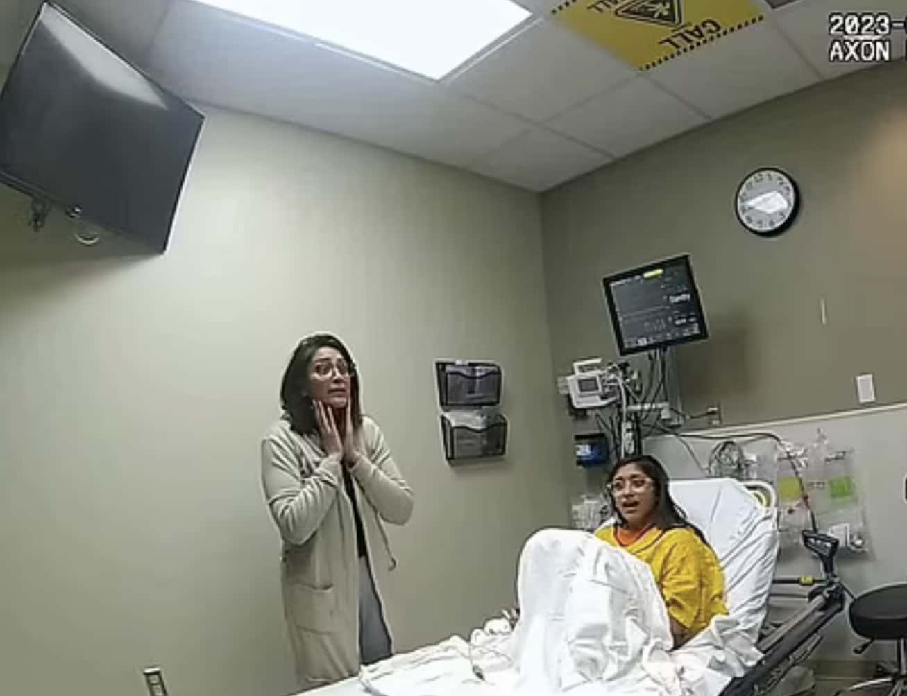 Alexee Trevizo pictured here with her mother in the hospital room after giving birth in the hospital's toilet and siposing off remains of newborn baby in a trash bag (Screen grab/ Artesia Police Dept. Body cam)