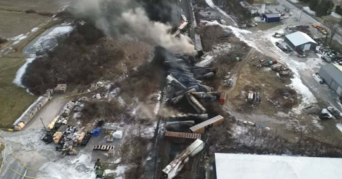 As many as 50 Norfolk Southern Railroad freight train cars derailed in Columbiana County on Friday, February 3, at around 9 pm (National Transportation Safety Board)