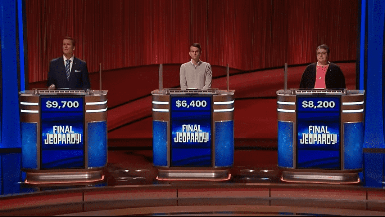 Contestants during the Final Jeopardy round tonight (Jeopardy!/ABC)