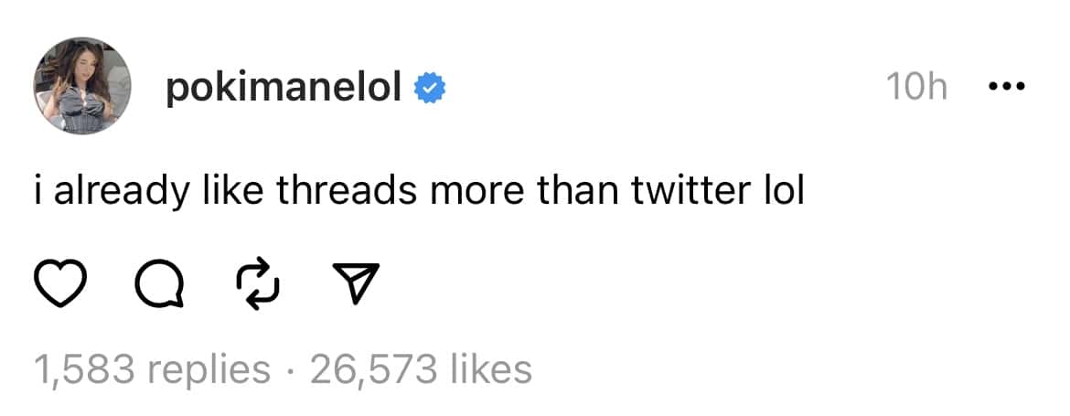 Thread shared by Pokimane (@pokimanelol/Threads) 