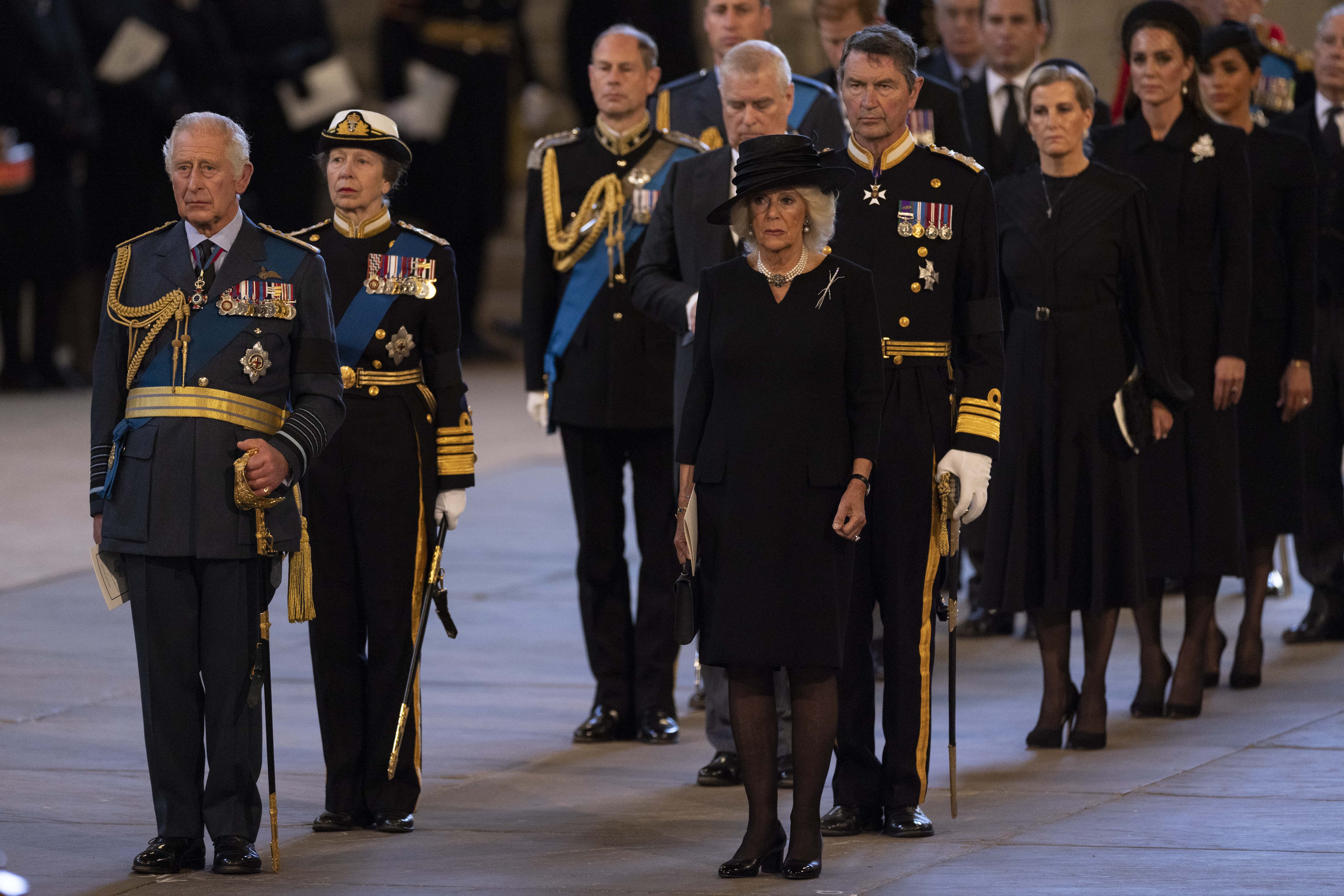 King Charles III, Princess Anne, Princess Royal, Prince Edward, Earl of Wessex, Prince William, Prince of Wales, Prince Andrew, Duke of York, Camilla, Queen Consort, Sir Timothy Laurence, Mr Peter Phillips, Sophie, Countess of Wessex, Catherine, Princess of Wales, Princess Beatrice and Prince Edward, Duke of Kent are seen inside the Palace of Westminster for the Lying-in State of Queen Elizabeth II on September 14, 2022 in London, England. Queen Elizabeth II's coffin is taken in procession on a Gun Carriage of The King's Troop Royal Horse Artillery from Buckingham Palace to Westminster Hall where she will lay in state until the early morning of her funeral. Queen Elizabeth II died Princess At Balmoral Castle in Scotland on September 8, 2022, and is succeeded by her eldest son, King Charles III.