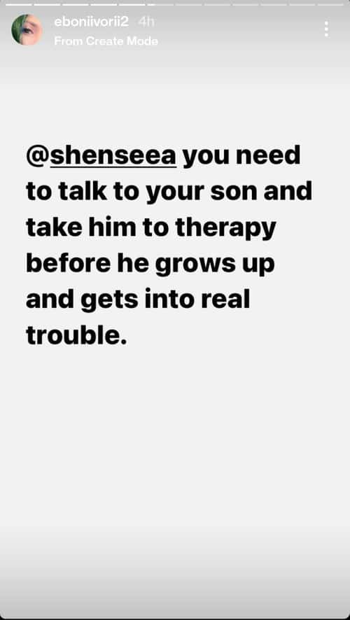 Eboni Ivori's story on Instagram accusing Shenseea and her son of