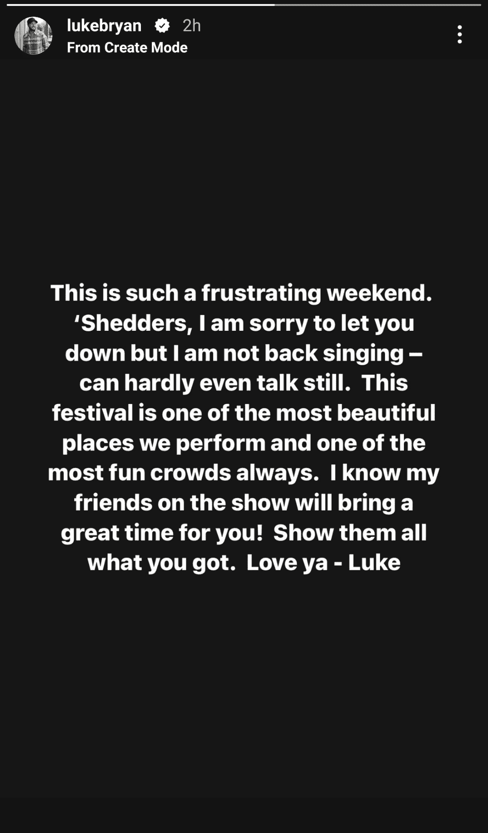 Luke Bryan expressed his regret to his fans on his Instagram story and explained why he had to postpone his concert (@lukebryan/Instagram)