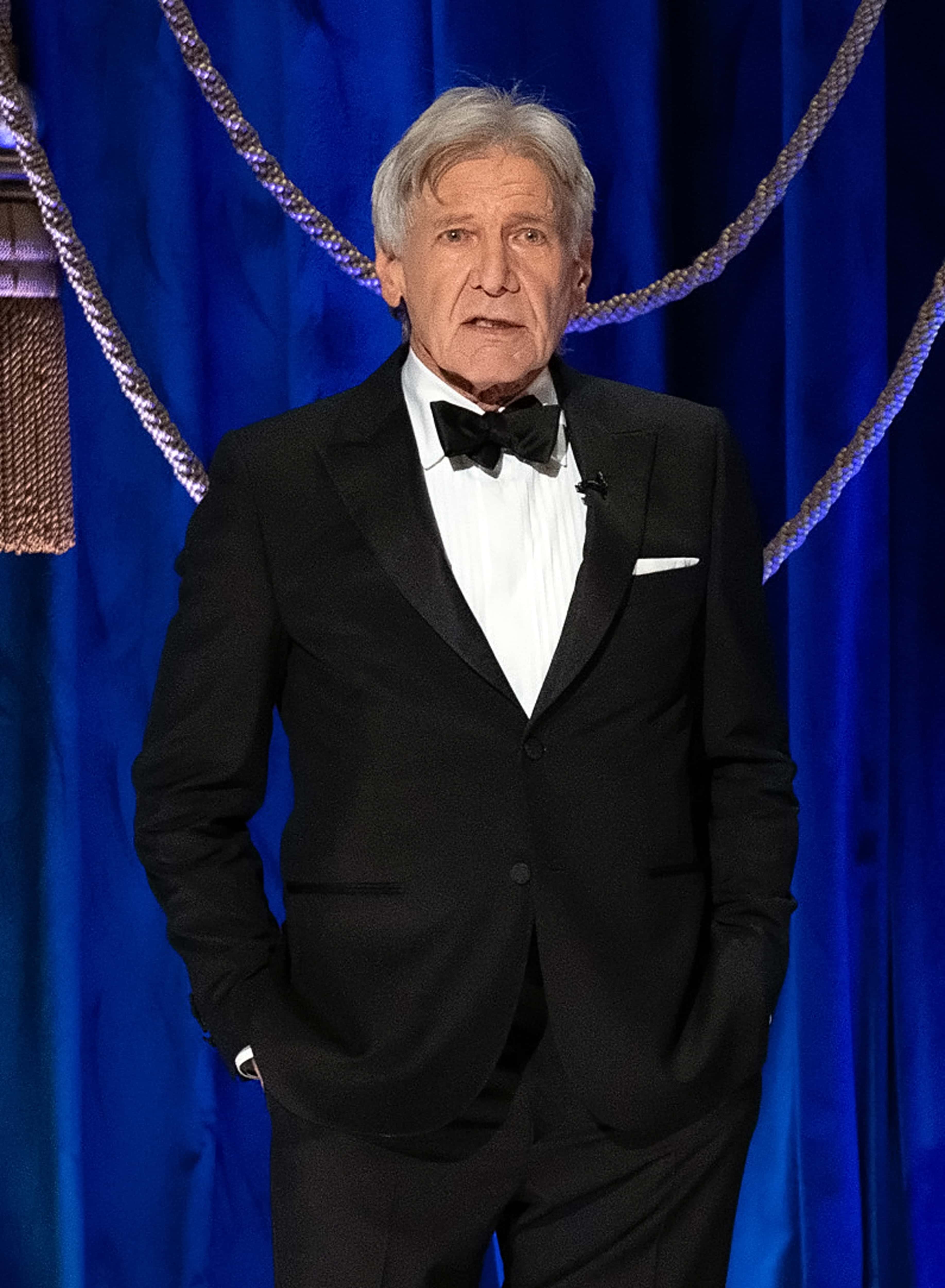 In this handout photo provided by A.M.P.A.S., Harrison Ford speaks onstage during the 93rd Annual Academy Awards at Union Station on April 25, 2021, in Los Angeles, California. (Photo by Todd Wawrychuk/A.M.P.A.S. via Getty Images)