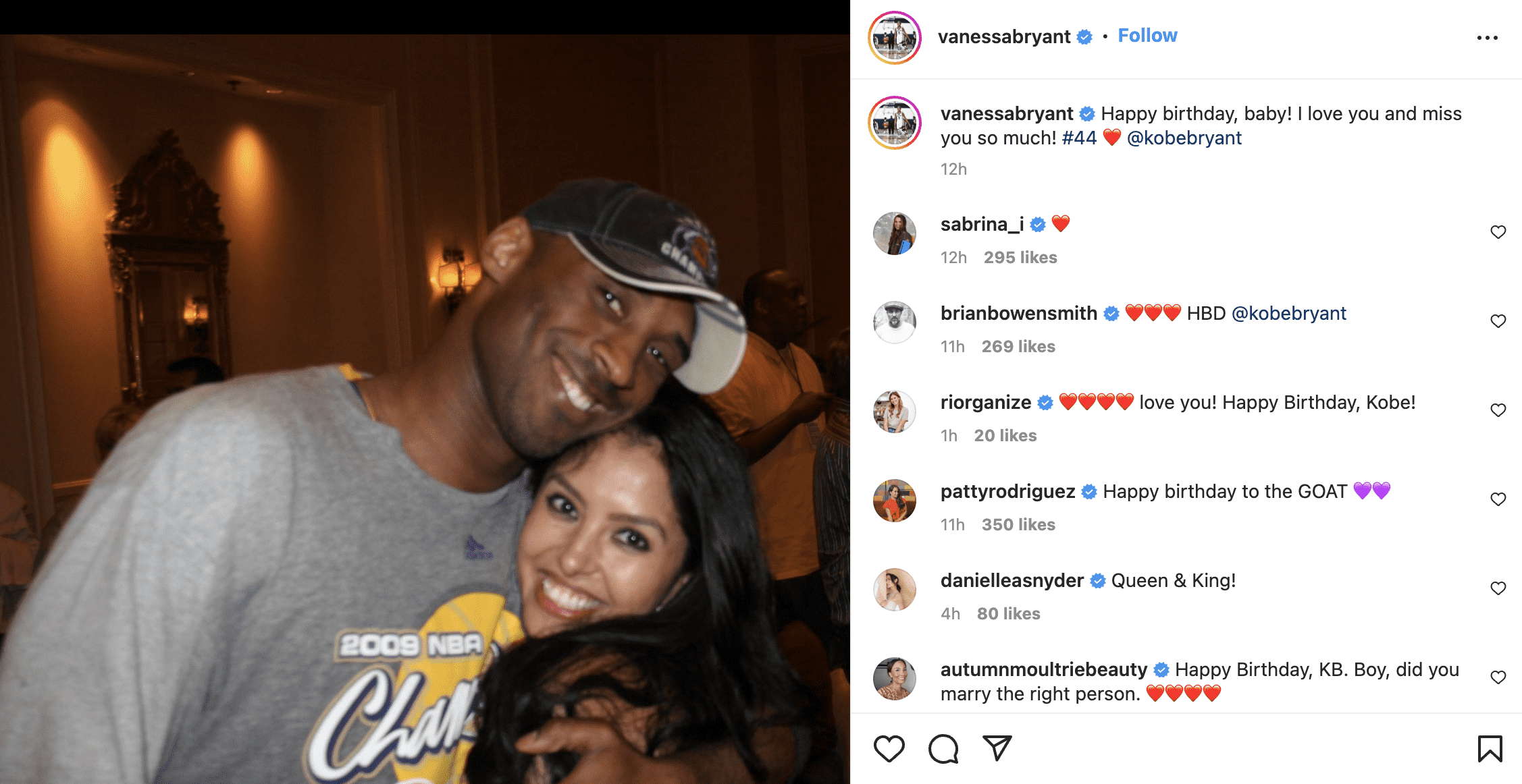 Vanessa Bryant remembers Kobe on what would've been his 44th birthday and shares a beautiful Instagram post. (Instagram/@ vanessabryant)