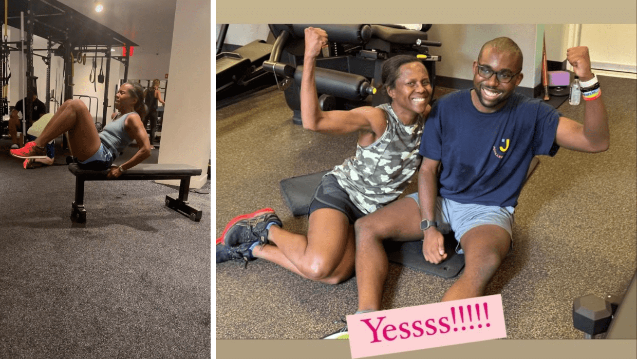 Deborah Roberts doing situps in short-shorts and tank top and posing with son, Nick (@debrobertsabc/Instagram)