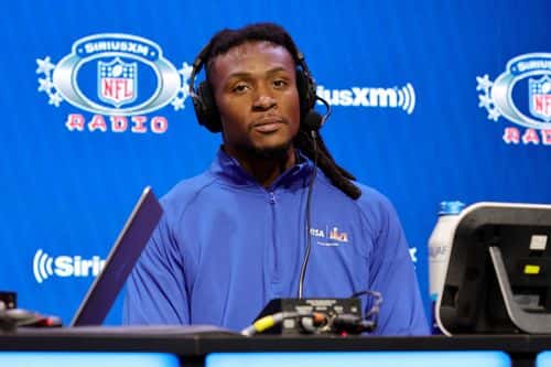 DeAndre Hopkins of the Arizona Cardinals speaks during an interview on day 2 of SiriusXM at Super Bowl LVI  on February 10, 2022 in Los Angeles, California.