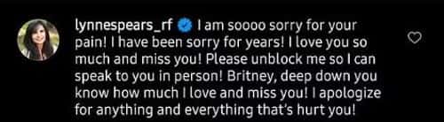 Apology from her mother, Lynne Spears (Brittney Spears/ Instagram)
