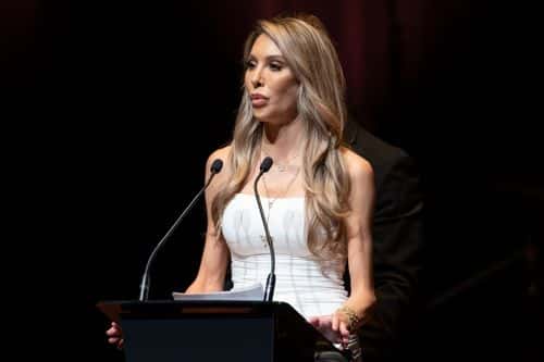 Chloe Lattanzi delivers a tribute to her mother during the Memorial Service for Olivia Newton-John at Hamer Hall on February 26, 2023 in Melbourne, Australia.