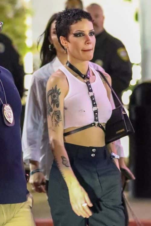 Halsey flashed her nipple piercings in a cropped sheer tank top as she left a Depeche Mode concert at the Kia Forum in Los Angeles on Tuesday (Backgrid)