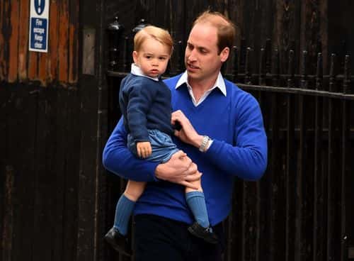 Prince William, Duke of Cambridge arrives with his son Prince George to the Lindo Wing of St Mary's Hospital on May 2, 2015 in London, England.