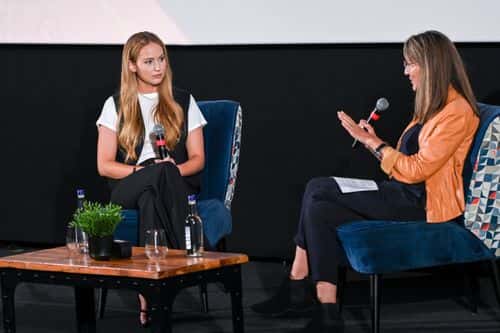 Jennifer Lawrence and Francine Stock speak on stage during Screen Talk at the 66th BFI London Film Festival at the Picturehouse Central on October 08, 2022 in London, England.