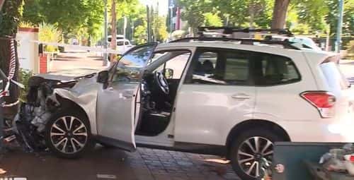 Investigators later alleged that Harrison slammed into oncoming traffic and a power box while attempting to hit Finn. (Screengrab from 9News)