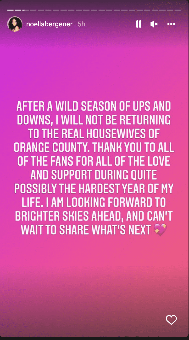 Noella Bergener took to her Instagram stoy to announce her exit from 'RHOC' (Noella Bergener/ Instagram)
