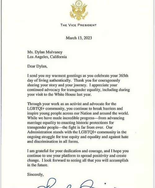 The letter written by Kamala Harris ( Instagram/ Dylan Mulvaney)