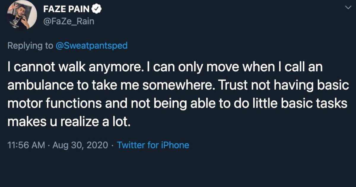 FaZe Rain expressed his pain after being paralyzed (@FaZe_Rain/ Twitter)