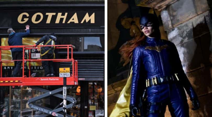 Crew preparing the set of the new Batgirl movie in Glasgow, Scotland (L), First look of Batgirl (R) 

(Photo by Jeff J Mitchell/Getty Images)